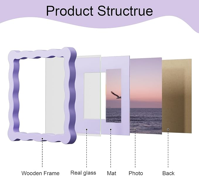 8x8 Picture Frame with Mat for 6x6, Wavy Edge Wooden Real Glass Photo Frame for - Image 4