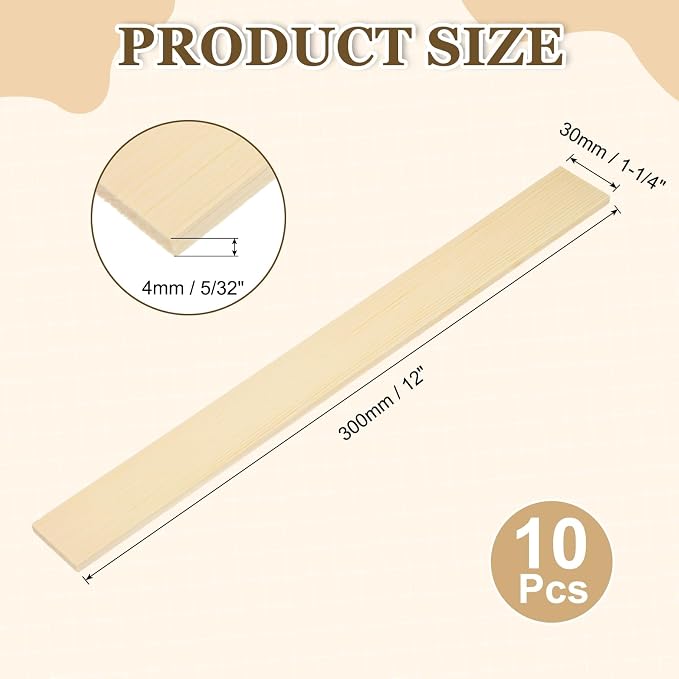 MECCANIXITY 10Pcs Wood Strips Slats, 5/32" x 1‑1/4" x 12" Thin Wood Sticks Flat - Image 2