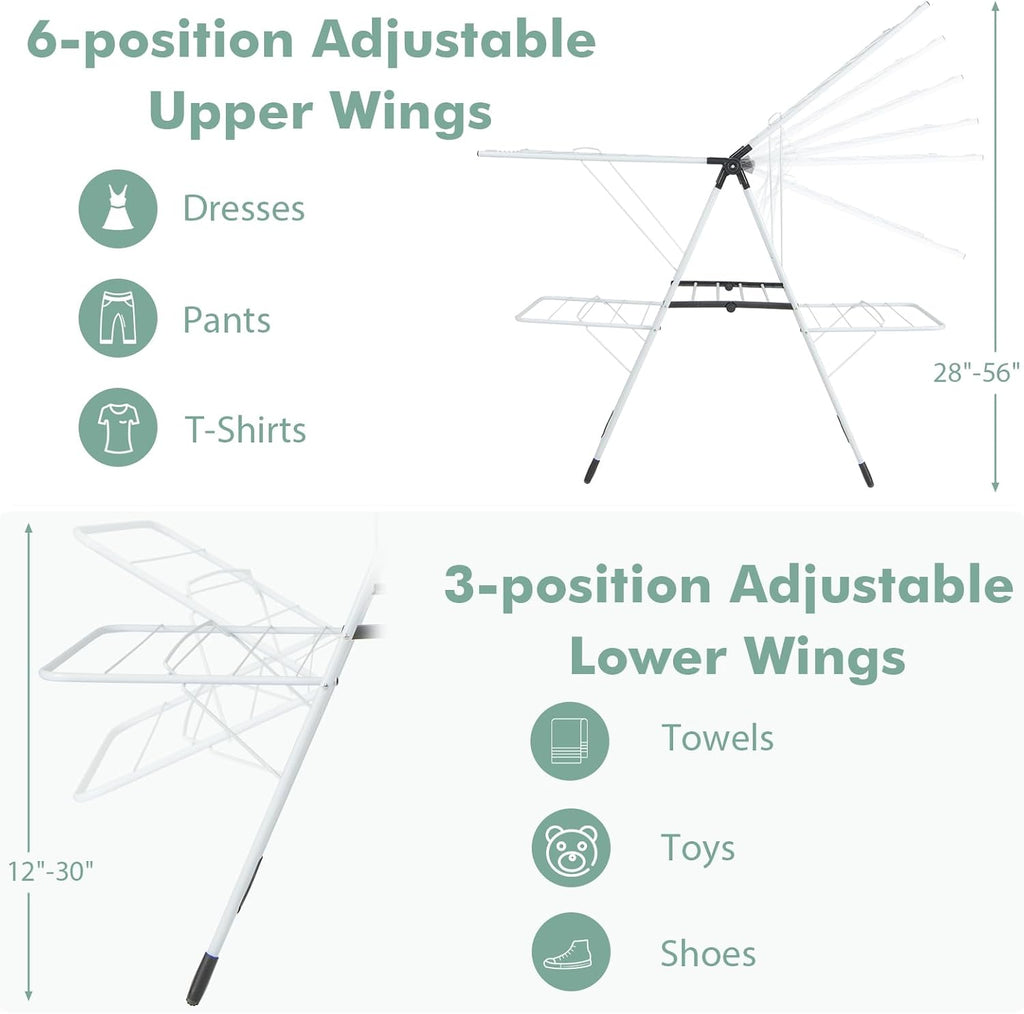 Giantex Clothes Drying Rack, 2-Layer Stainless Steel Foldable Laundry Drying Rack with 6-Level Adjustable Height, Useful Clips, Space Saving Freestanding Folding Collapsible Laundry Drying