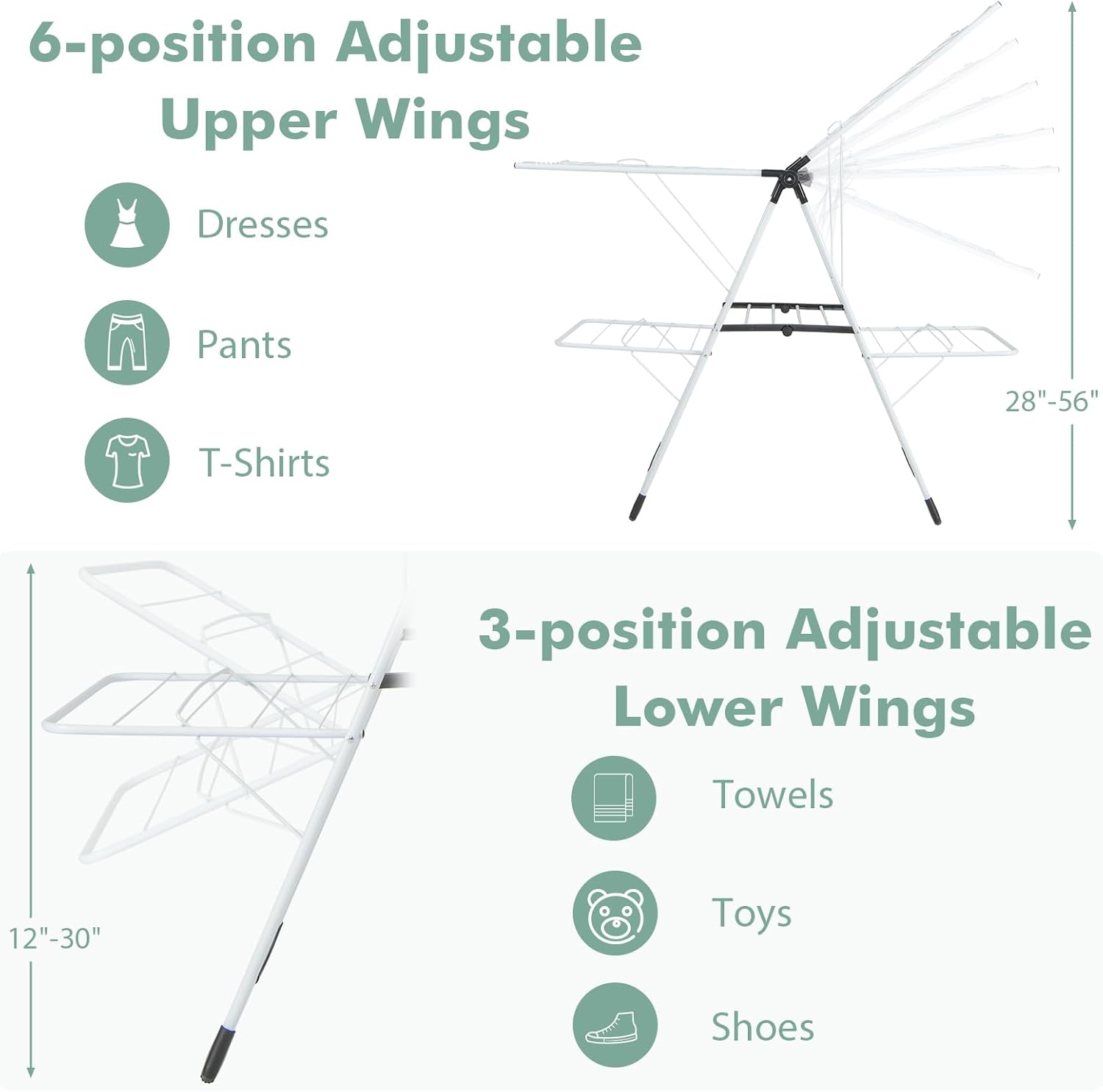 Giantex Clothes Drying Rack, 2-Layer Stainless Steel Foldable Laundry Drying Rack with 6-Level Adjustable Height, Useful Clips, Space Saving Freestanding Folding Collapsible Laundry Drying