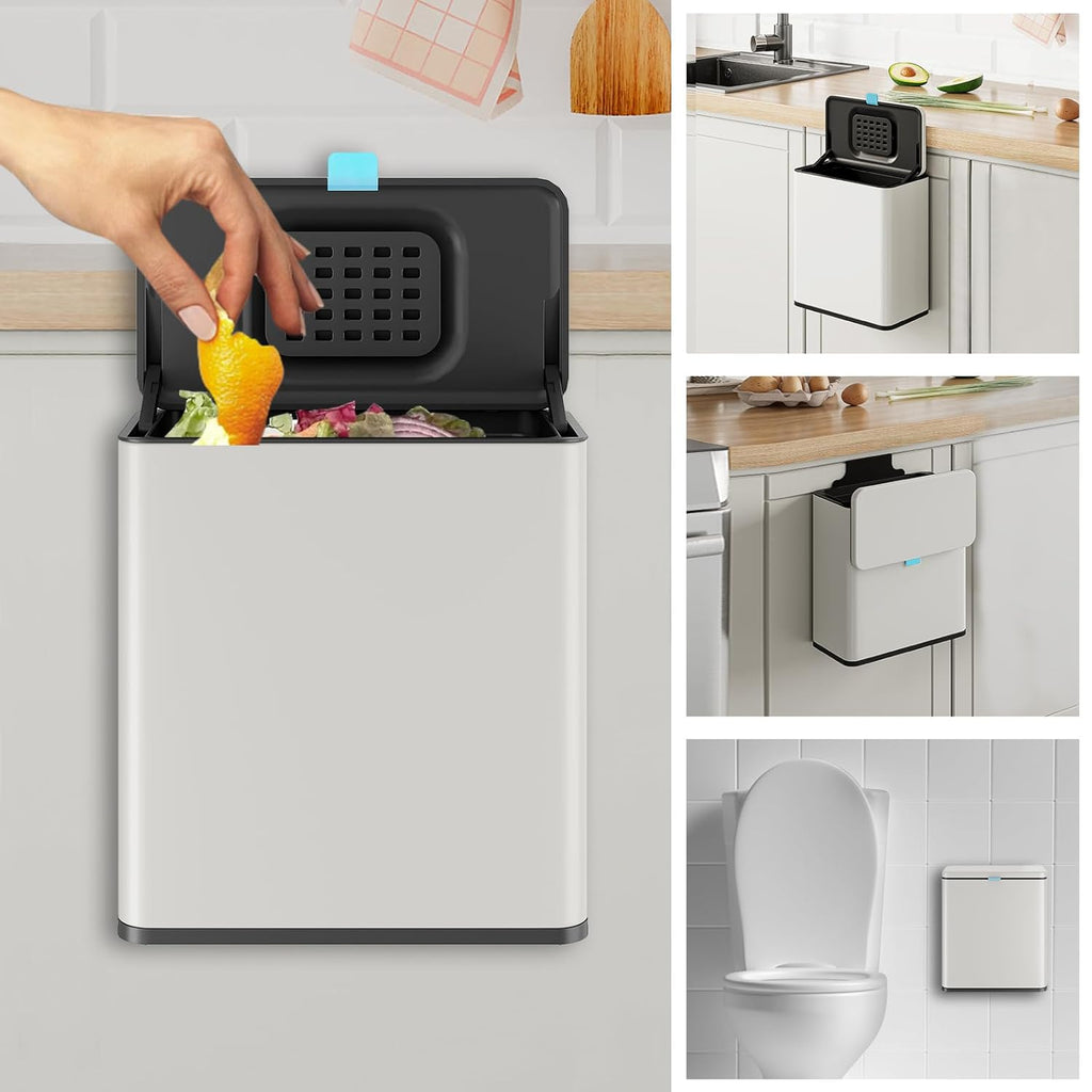 Stainless Steel Hanging Trash Can with Lid and Inner Bucket, 2 Gallon Kitchen Compost Bin for Counter Top, Under Sink or Wall Mount, Small Garbage Can for Cupboard/Bathroom/Bedroom/RV, White