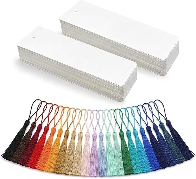 100Pcs Blank Bookmarks with Tassels, 400gsm Cardstock 5x15cm White Blank Paper by Unknown