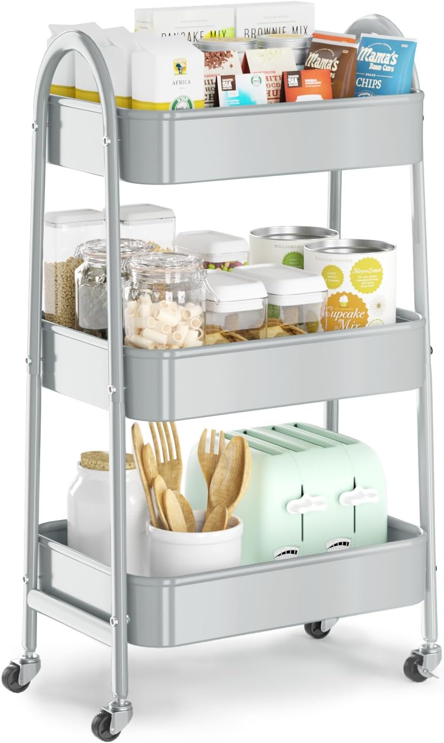 EAGMAK 3 Tier Utility Rolling Cart, Metal Storage Cart with Handle and Lockable Wheels, Multifunctional Storage Organizer Trolley with Mesh Baskets for Kitchen, Living Room, Office, Garage (Grey)