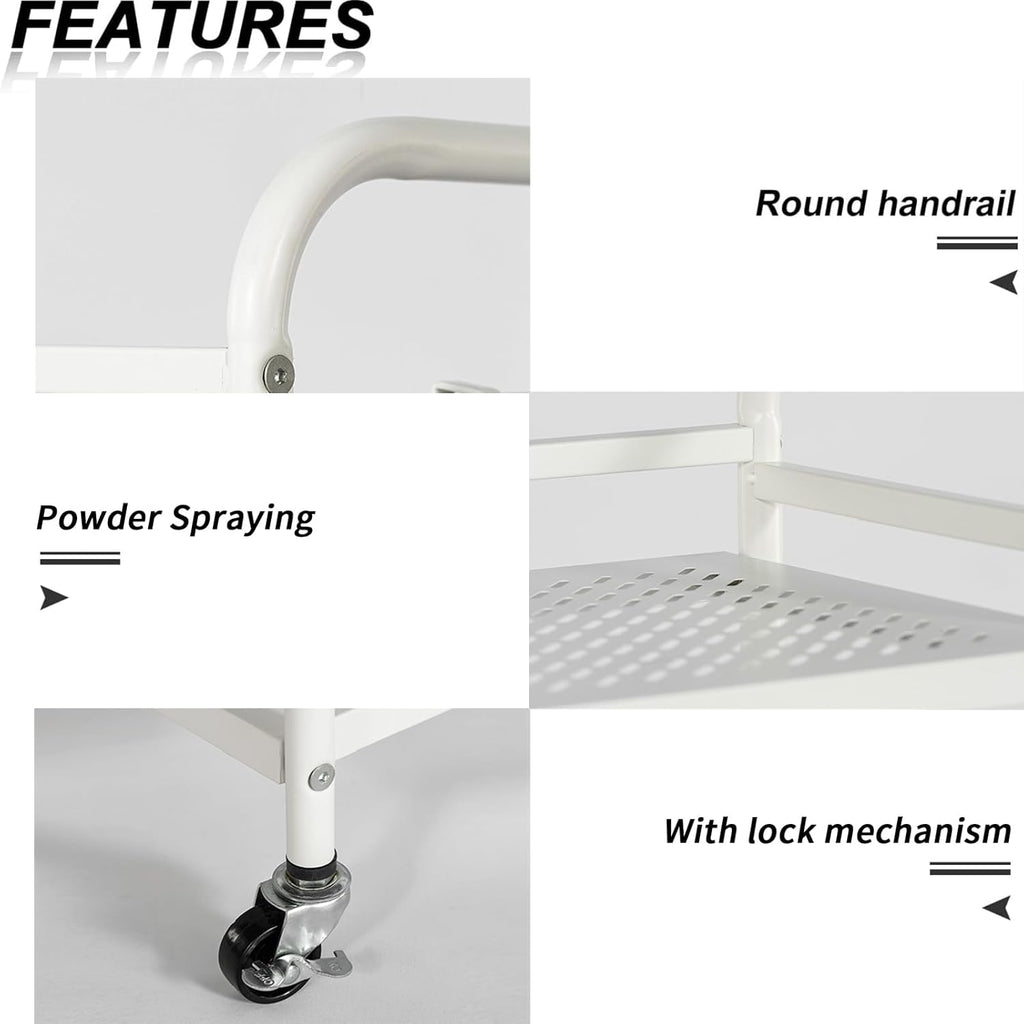HDANI 3 Tier Metal Rolling Heavy Cart Supports 40 Lbs Per Tier,Rolling Cart with 2 Lockable Wheels for Office,Home,Bedroom,Kitchen,Bathroom(White)…