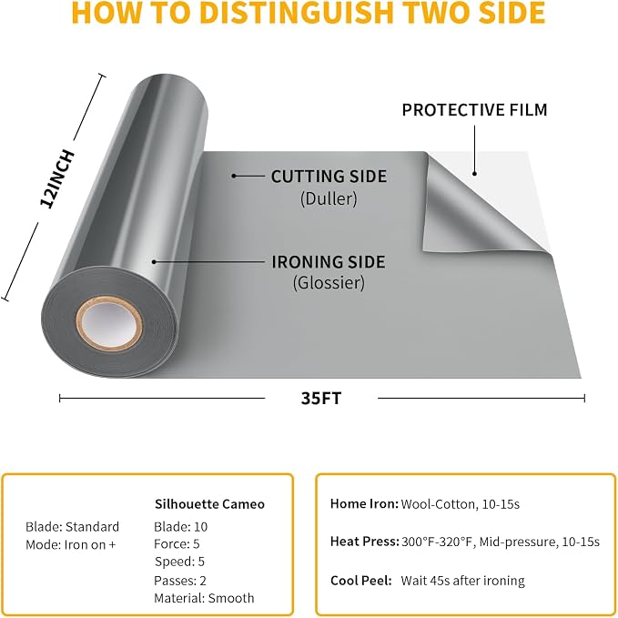 VinylRus Heat Transfer Vinyl-12” x 35FT Silver Iron on Vinyl Roll - Image 6