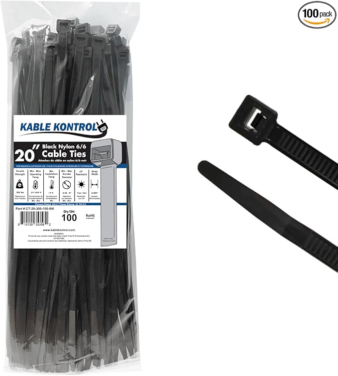 Kable Kontrol Black Zip Ties 20 Inch 100 Pcs, 300 Lbs Tensile Strength by KABLEKONTROL%C2%AE