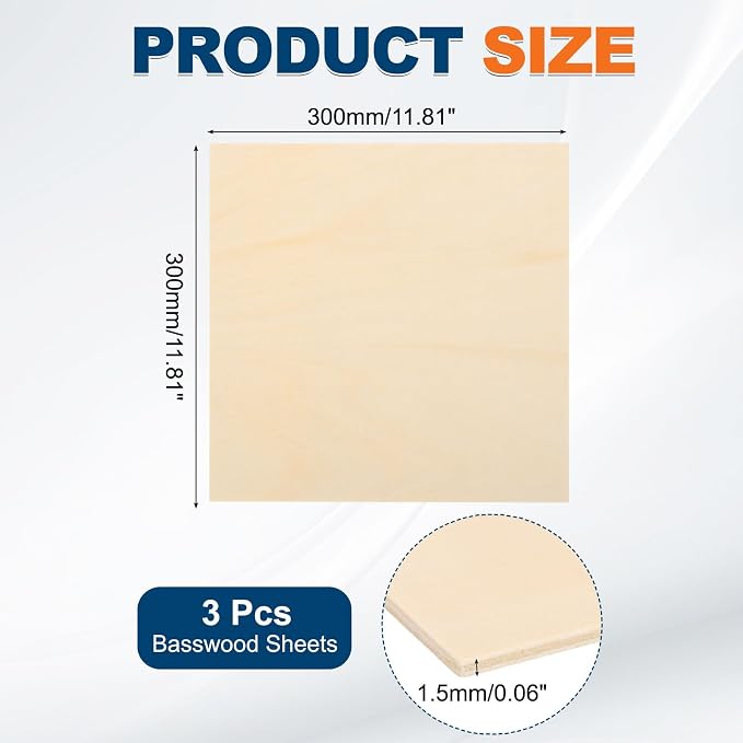 MECCANIXITY 3pcs Basswood Sheets 12 x 12 x 1/16 Inch Unfinished Wood Boards - Image 2