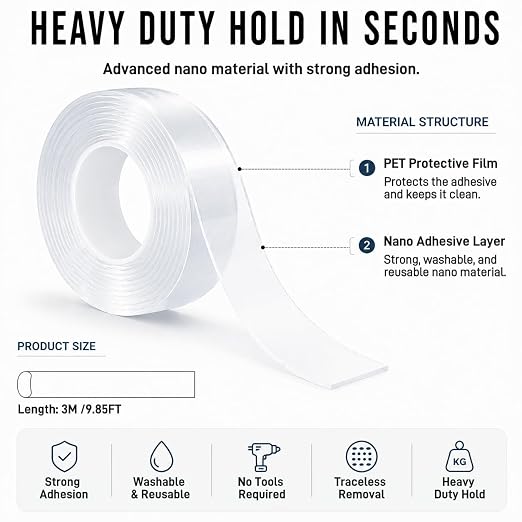Nano Tape Double Sided Heavy Duty 3/4''×10Ft Removable Washable No Residue | - Image 2