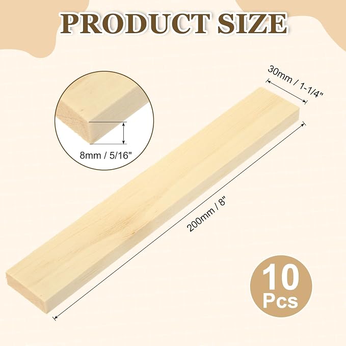 MECCANIXITY 10Pcs Wood Strips Slats, 5/16" x 1‑1/4" x 8" Thin Wood Sticks Flat - Image 2