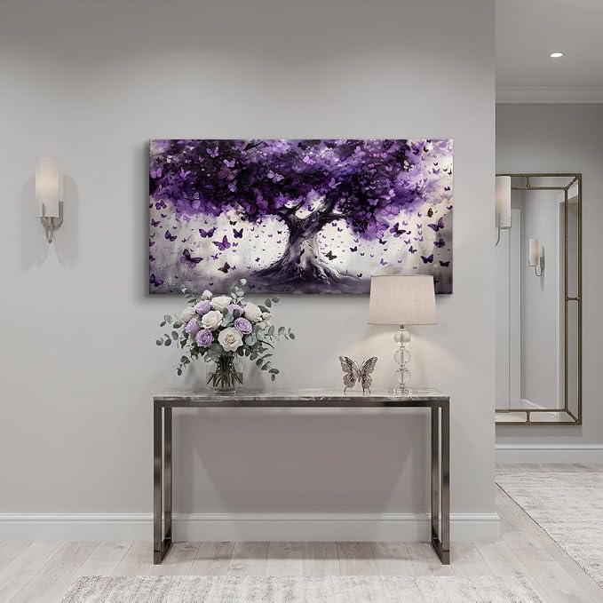 ZESTRILIA Dreamy Purple Butterflies Tree Canvas Wall Art, Enchanted Mystical - Image 7