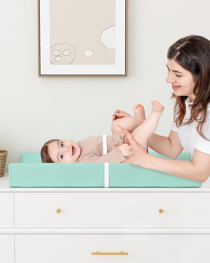 Wipeable Baby Changing Pad for Dresser and Table, Cozy Diaper Changing Pad with Waterproof & Wipe-Clean Leather Cover, Green