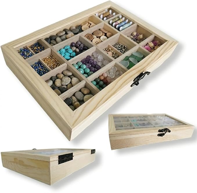 2 Pack Unfinished Wood Box, Glass Lid, 14 Compartment Jewelry Organizer | by Oojami