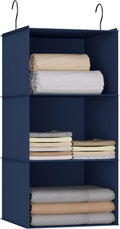 Hanging Closet Organizer - 3-Shelf, Easy Mount Foldable Wardrobe Storage Shelves for Clothes, Handbags, Shoes & Accessories - Washable Oxford Cloth Fabric, Navy Blue