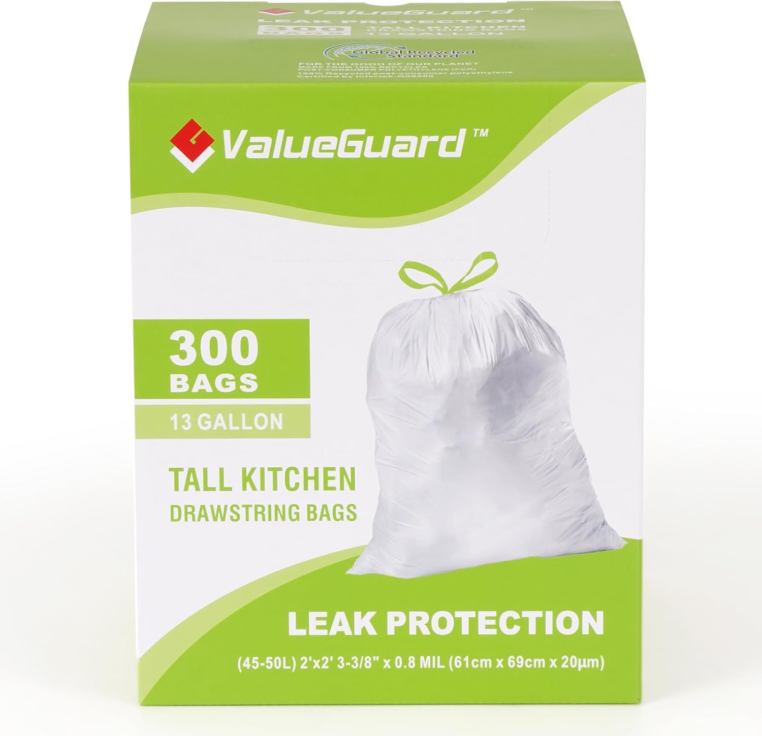 Large Trash Bag 13 Gallon Tall Drawstring 100% Post-Consumer Recycled Garbage Bag Waste Bag for Kitchen Office 0.8 Mil (300 Count)