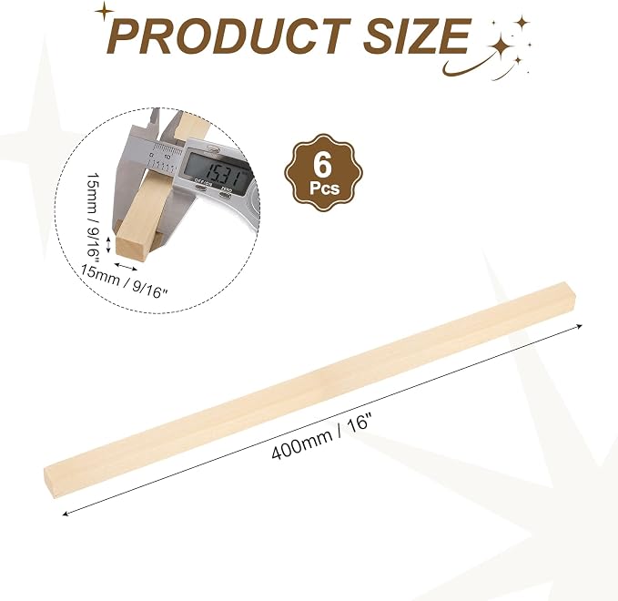 MECCANIXITY 6Pcs Basswood Sticks, 9/16" x 9/16" x 16" Square Wooden Dowel Rods - Image 2