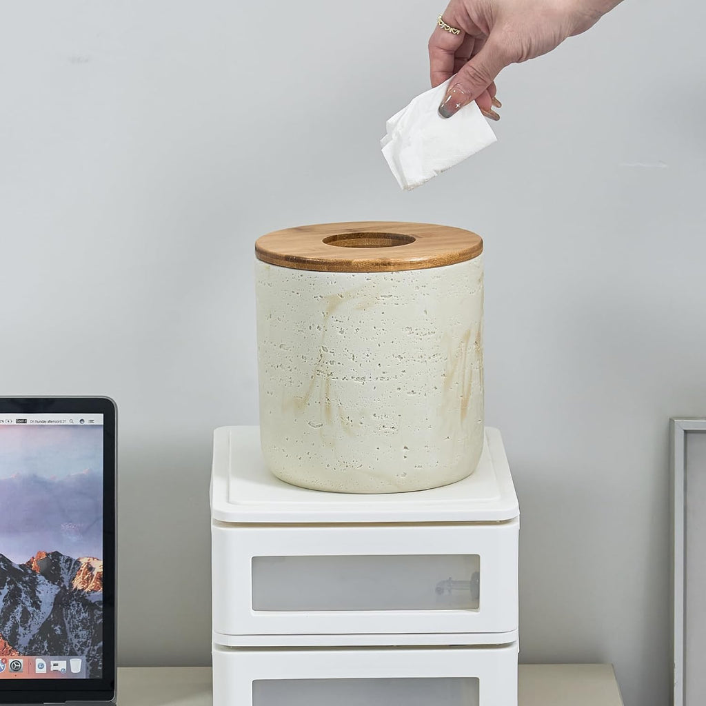 Natural Travertine Textures Beige Mini Trash Can with Bamboo Lid,Small Countertop Trash Can for Bathroom, Kitchen, Vanity, Desk Trash Can,Table Top Mini Garbage Can for Dining Room, Tiny Waste Basket