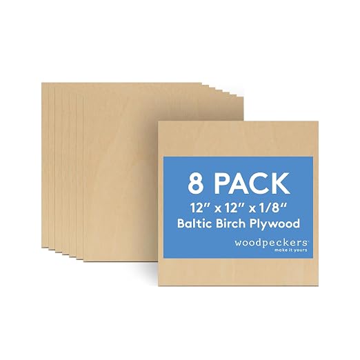 3 mm Baltic Birch Plywood 1/8 x 12 x 12 Inch, Box of 8 B/BB Grade Craft Wood by Woodpeckers