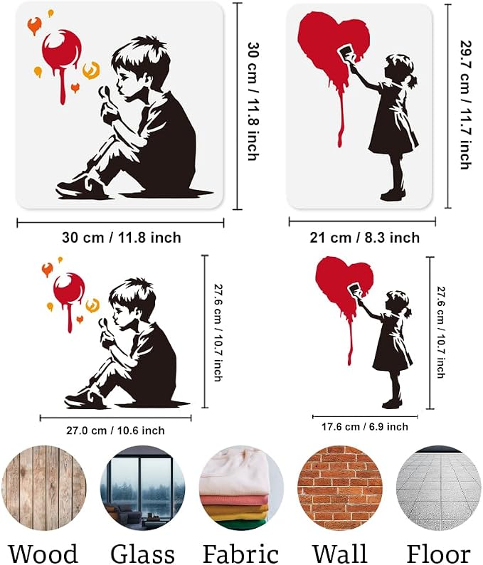 4Pcs Banksy Graffiti Stencils for Painting, Reusable Banksy Girl Boy Stencil - Image 2