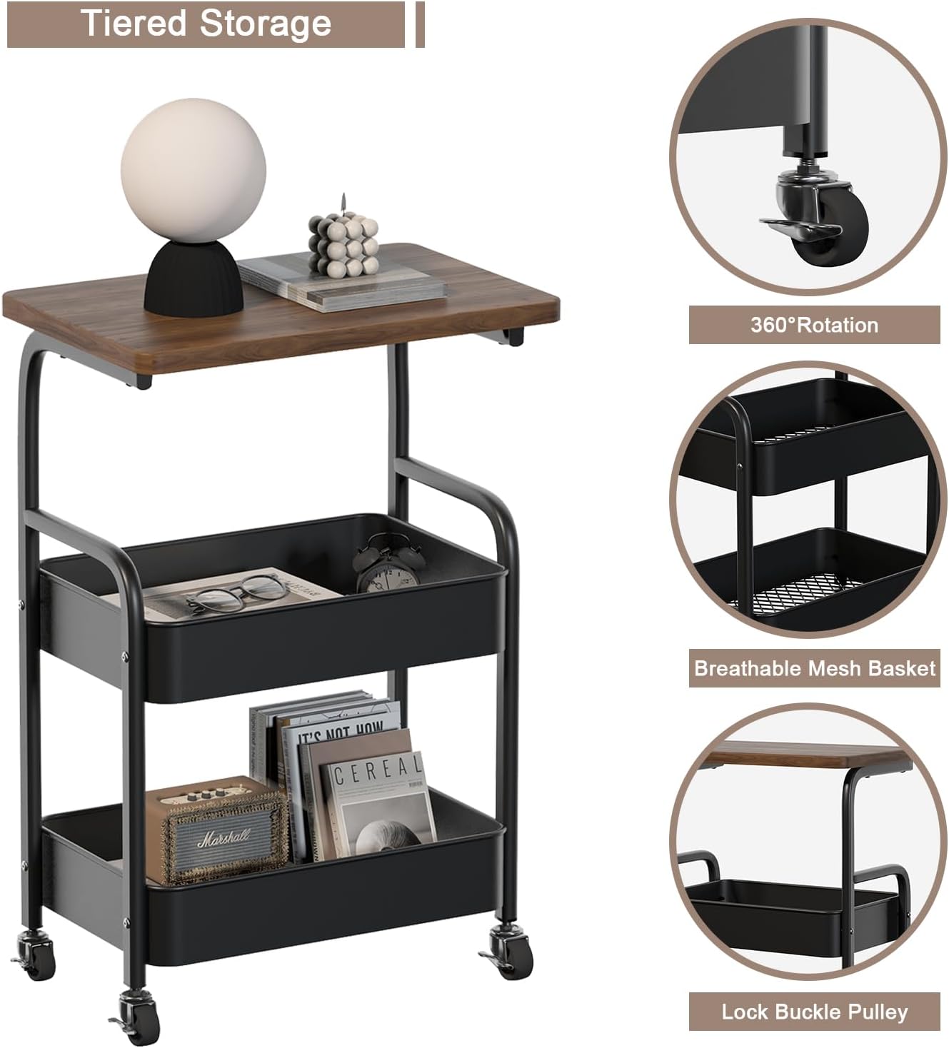 Rolling Cart with Wooden Tabletop 3-Tier Metal Utility Rolling Cart Storage Organizer with Lockable Wheels for Kitchen, Office, Bedroom