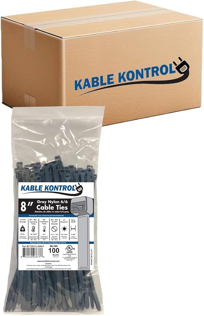 Kable Kontrol Gray Zip Ties 8 Inch 10, 50 Lbs Tensile Strength, Bulk Pack by KABLEKONTROL%C2%AE