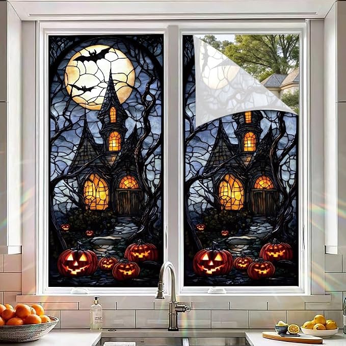 Haunted House Halloween Window Film 17.71x39.97 Inch Stained Glass Static Cling - Image 5
