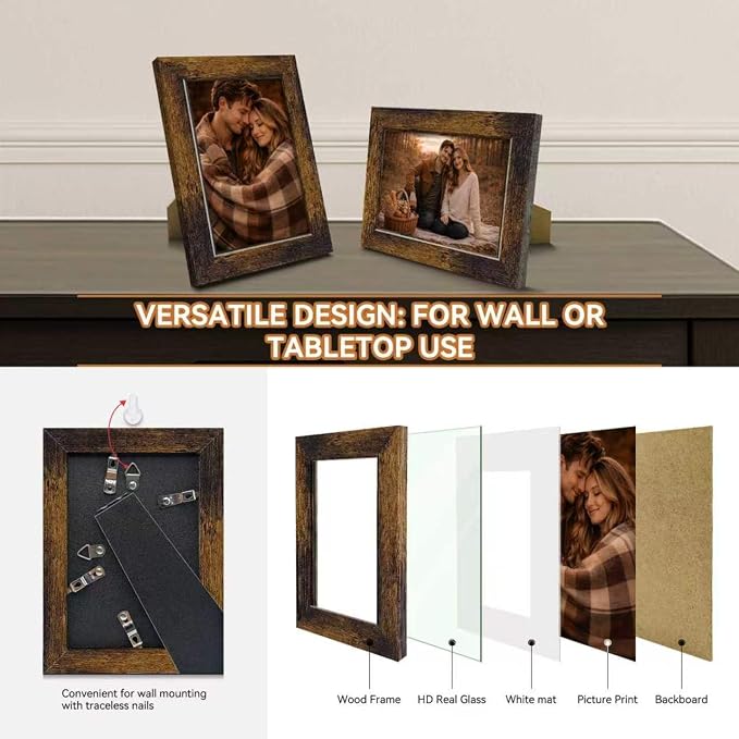 5x7 Picture Frames Set of 8, Vintage Rustic Farmhouse Industrial Style Photo - Image 5