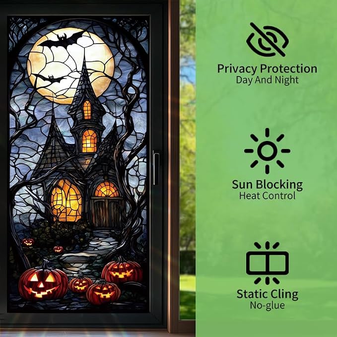 Haunted House Halloween Window Film 17.71x39.97 Inch Stained Glass Static Cling - Image 2