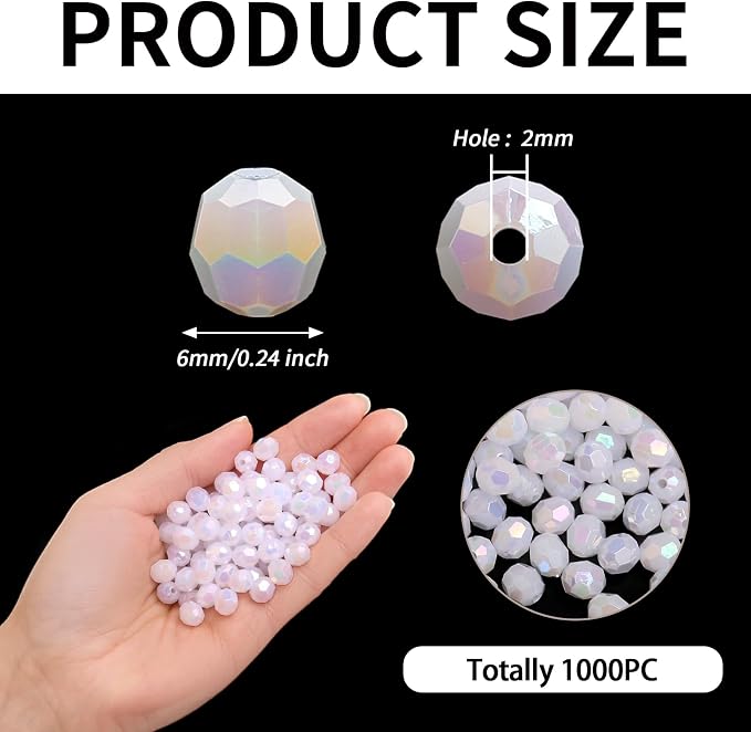 BONNY BOXX 1000pcs 6mm Acrylic Faceted Round Crystal Beads White AB Loose - Image 3