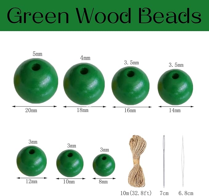 300Pcs Green Wooden Beads for Crafts, Natural Round Loose Beads Small Wood - Image 2