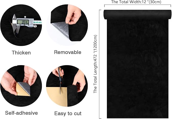 CHIHUT Black Self Adhesive Velvet Fabric Roll 12”x472” Creased Velvet Peel and - Image 8