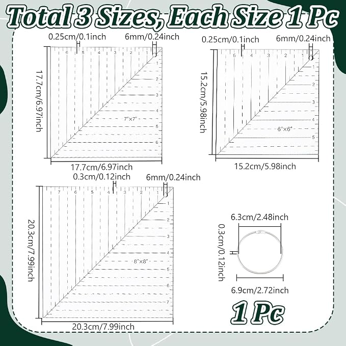 NBEADS 3 Pcs Square Up Ruler, 6/7/8Inch Transparent Acrylic Sewing Template - Image 2