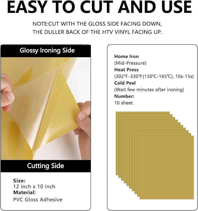 FUNKAKA Soil Golden HTV Heat Transfer Vinyl Sheets, 10 Sheets Sticky HTV Vinyl - Image 3