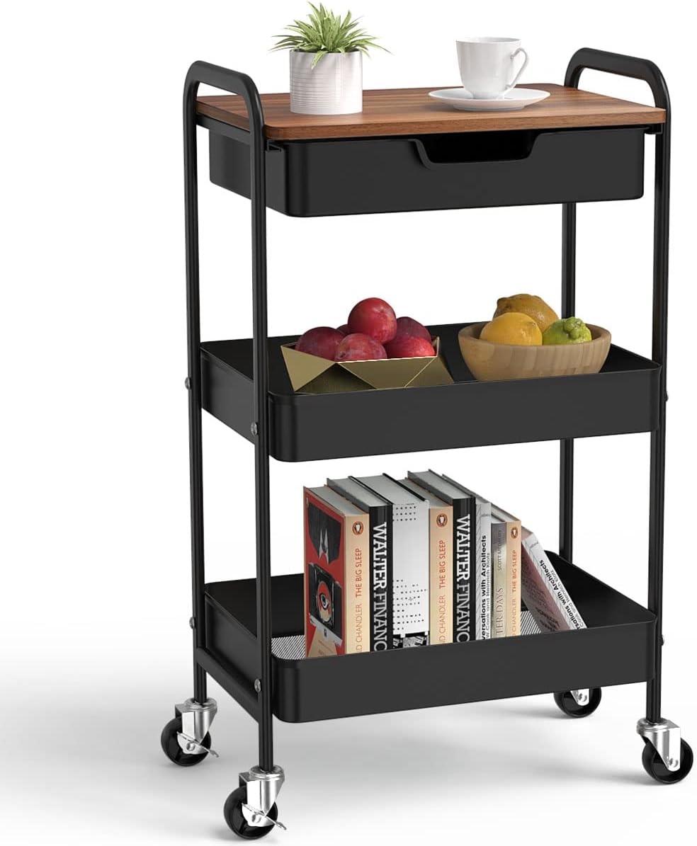 3 Tier Rolling Cart with Drawer, Metal Utility Cart on Wheels Storage Cart with Wood Top, Kitchen Cart Art Cart Organizer for Bathroom Office Balcony Living Room