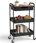 3 Tier Rolling Cart with Drawer, Metal Utility Cart on Wheels Storage Cart with Wood Top, Kitchen Cart Art Cart Organizer for Bathroom Office Balcony Living Room