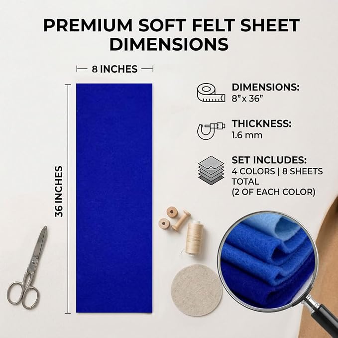 Blue Felt Fabric Sheet 8" X 36", 1.6mm Thick 8 Pack 4 Colors Assorted | Soft - Image 2