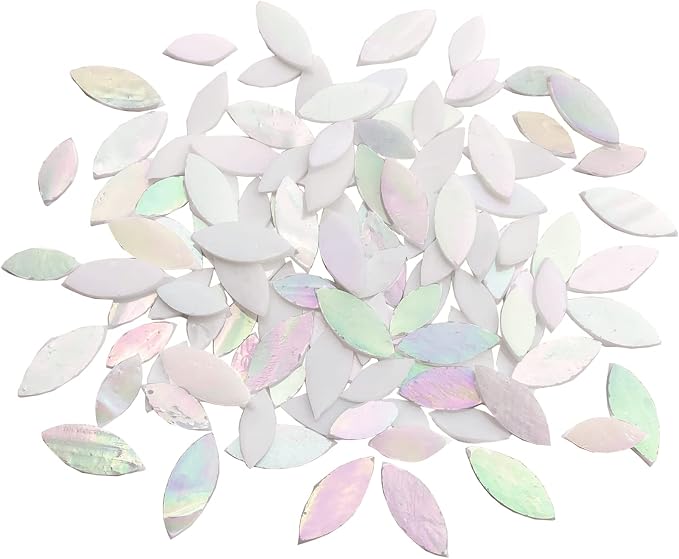 120 Pcs Iridescent White Floral Mosaic Tiles, Hand Cut Stained Glass Petals by KALUCION