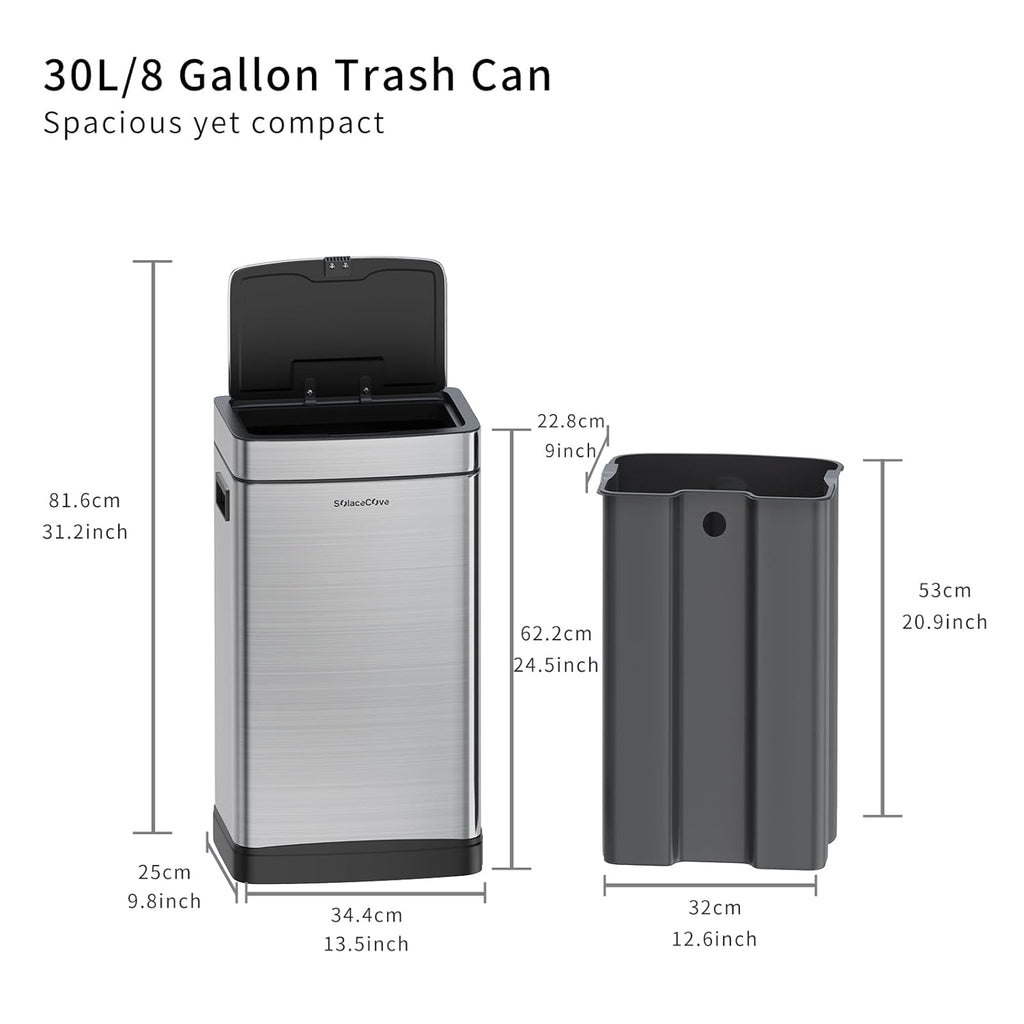 8 Gallon Stainless Steel Garbage Can with Removable Inner Bucket,30L Kitchen Trash Can with Press Top Lid(Brushed Gray)