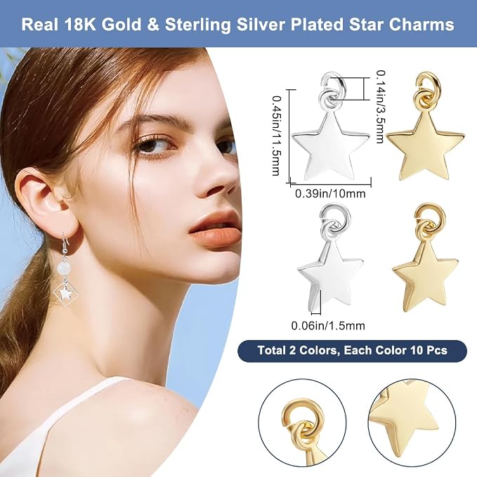 Beebeecraft 1 Box 20Pcs Star Charms 18K Gold&925 Sterling Silver Plated - Image 2