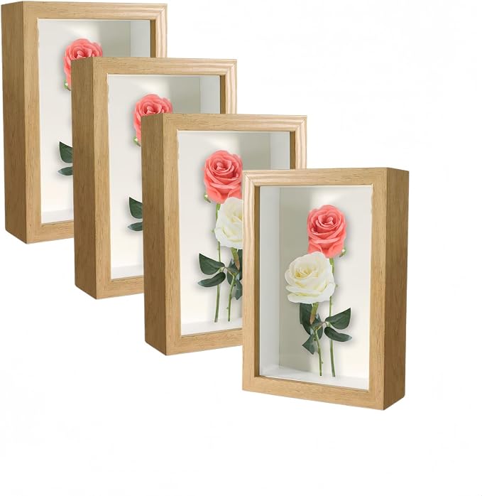 4 Pack 4x6 Shadow Box Frame，HD Glass Wooden Burlywood Hollow Photo Frame by CROISSANT