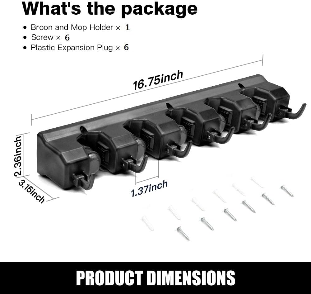 IMILLET Mop and Broom Holder, Wall Mounted Organizer-Mop and broom Storage Tool Rack with 5 Ball Slots and 6 Hooks (Black)