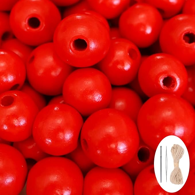 150Pcs Red Wooden Beads with Large Hole, Round Loose Beads Natural Spacer by SMANTA