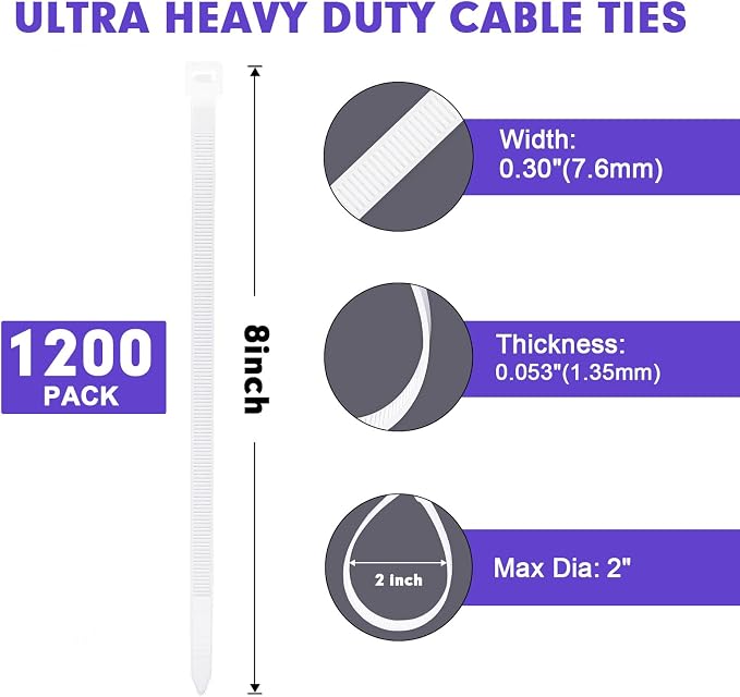 Zip Ties, RAZCC 1200pcs White Cable Zip Ties 8 Inch, Heavy Duty Plastic Wire - Image 2