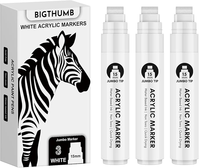 BIGTHUMB Thick White Jumbo Poster Markers: 3 Pcs 15mm Wide Tip Large Acrylic by BIGTHUMB