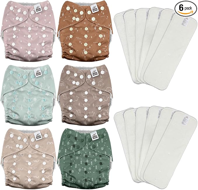 Mama Koala 3.0 Cloth Diapers for Babies with AWJ Lining, 6 Pack with 12 5-Layer Bboo(No Microfiber) Cloth Diaper Inserts - Reusable and Washable Pocket Diapers(12-My Warm Heart)