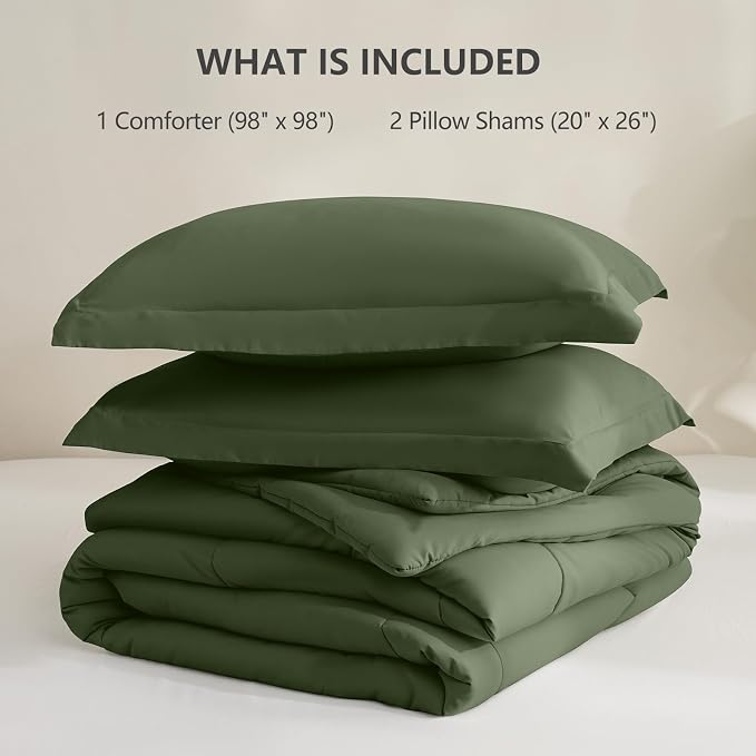 CozyLux Oversized Queen Comforter Set, 3 Pieces Olive Green 98x98 Box Stitched - Image 6