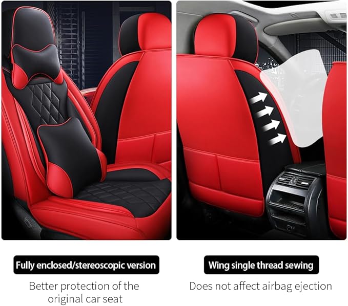 Leather Car Seat Covers for Volkswagen Atlas 2019-2023 Waterproof,Breathable and Non-Slip Napa Leather Car Interior Seat Covers,Comfortable and Durable,Easy to Install (5PCS,Luxury,Black+Red)