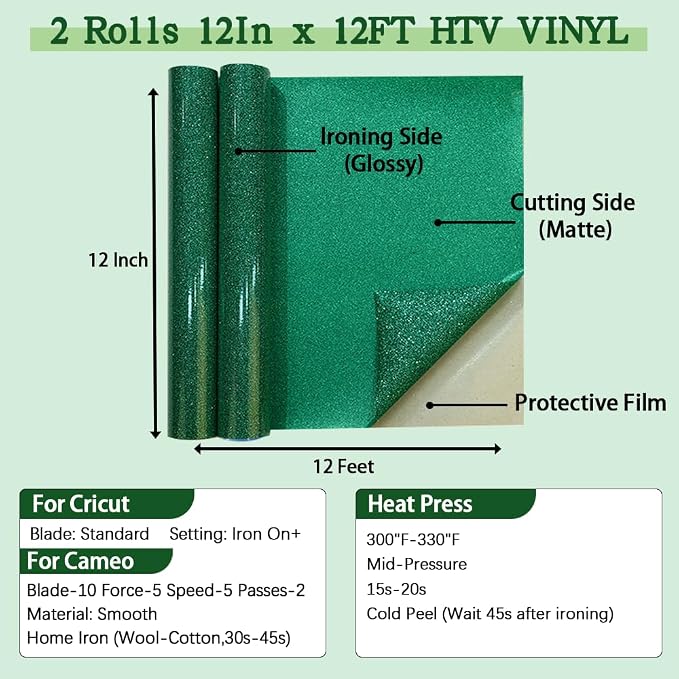 guangyintong Glitter Green Heat Transfer Vinyl HTV Rolls, 2 Rolls 12" x 12ft - Image 2