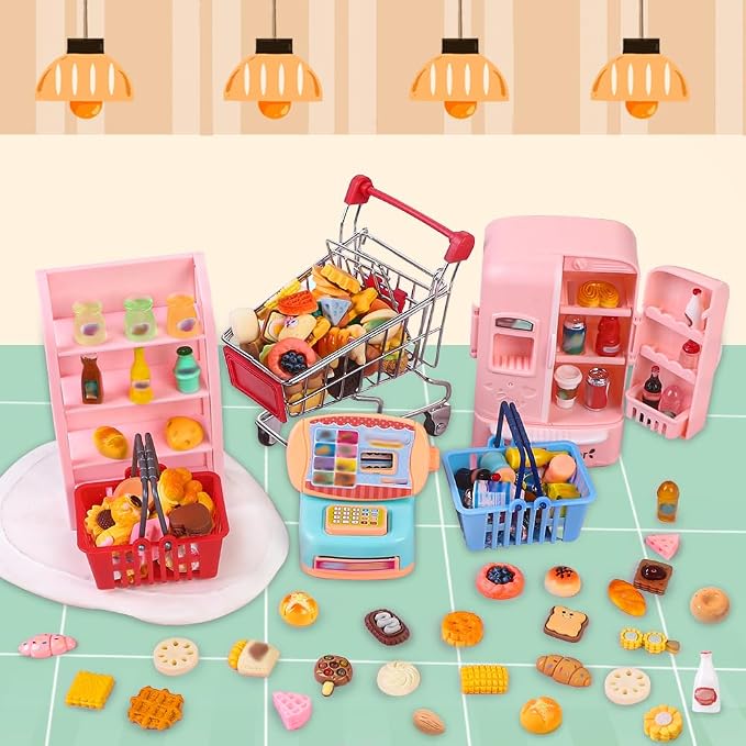 DULEFUN 143pcs Mini Shopping Cart Basket Miniature Food Drink Bottle Toys - Image 7