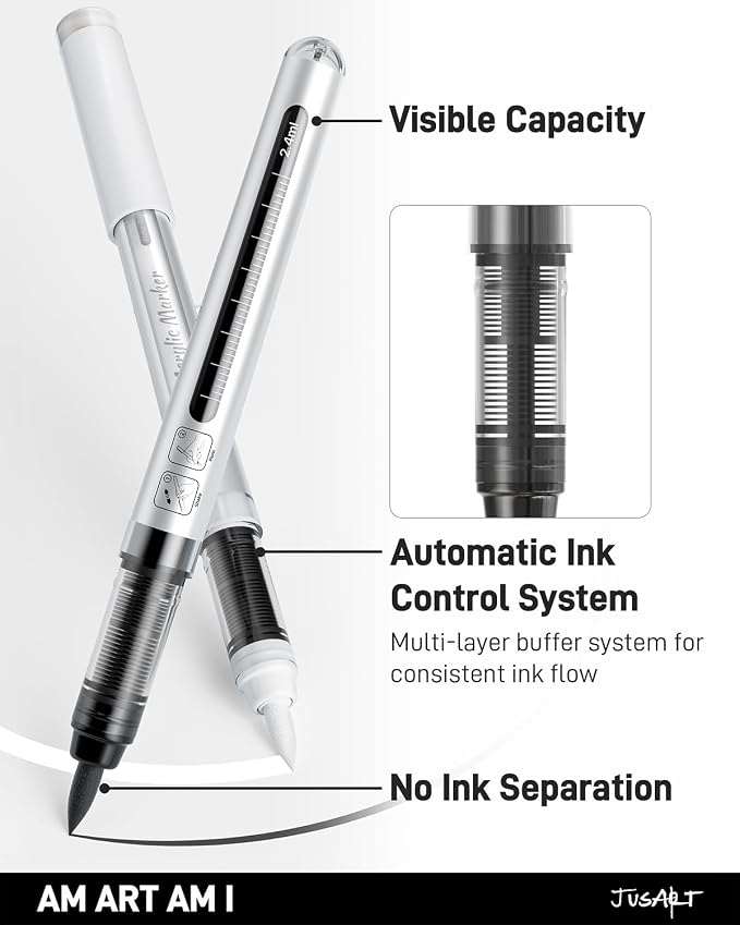 JusArt 3 White Paint Markers Brush Tip, Water-Based No-Bleed Acrylic Markers - Image 2