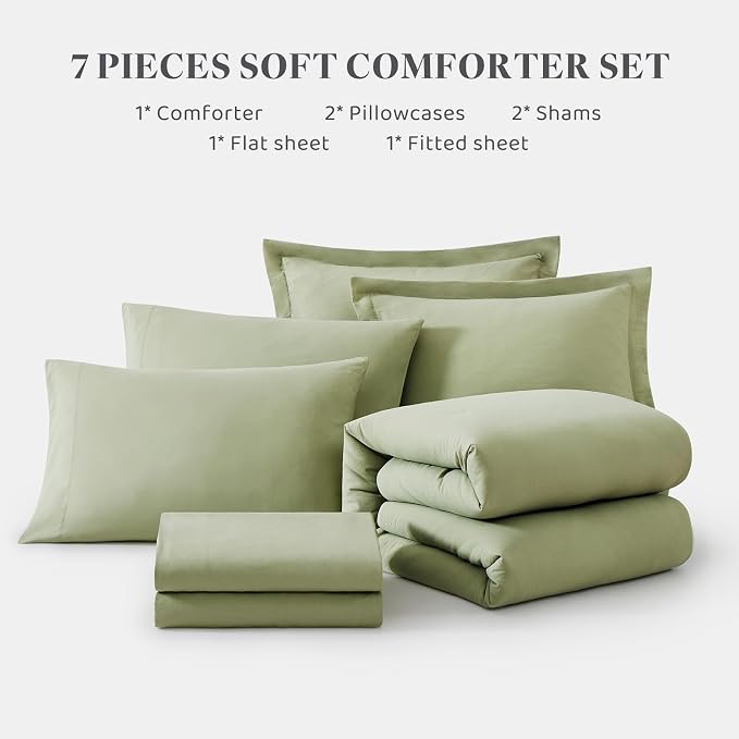 WRENSONGE King Size Comforter Set- 7 Pieces Soft Sage Green Bed in a Bag King - Image 8